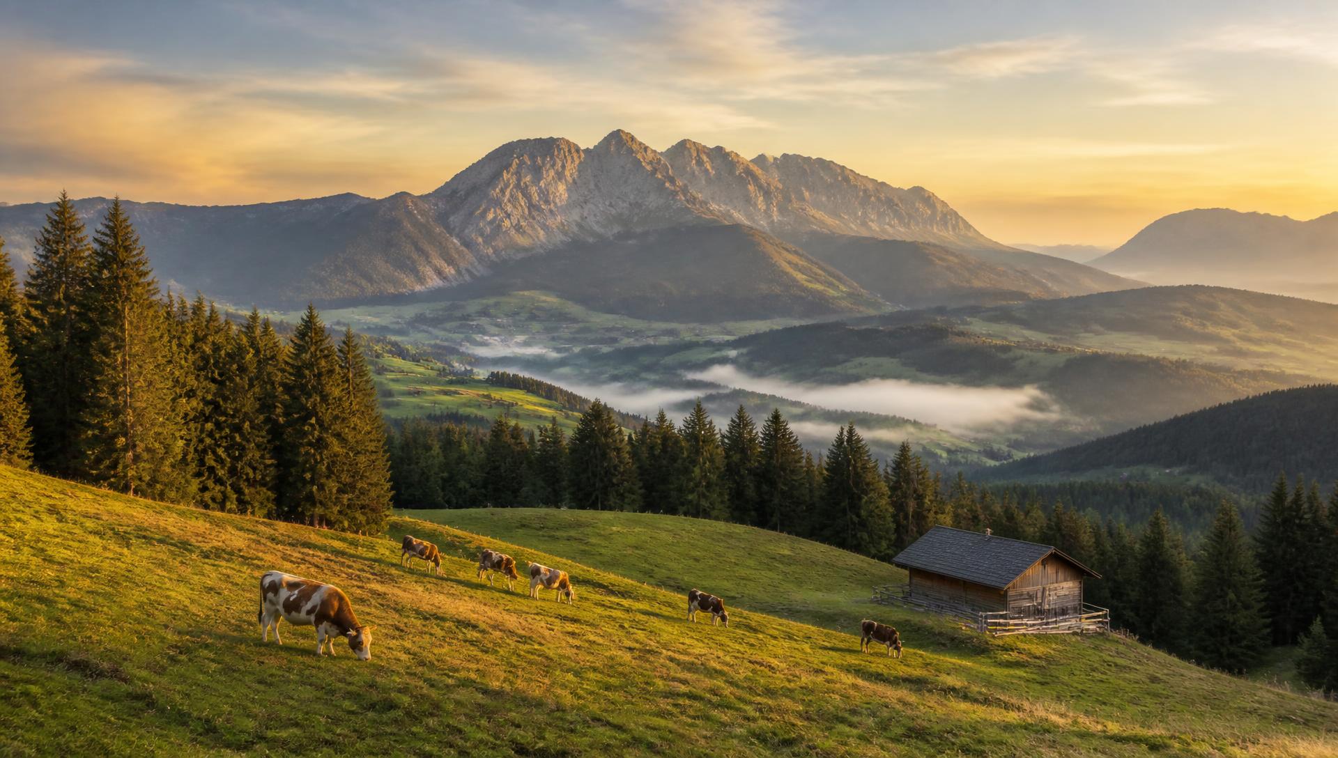 Pascoli e malga dell'Altopiano di Asiago al tramonto con le montagne sullo sfondo